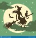 flying-witch-silhouette-broom-cat-bats-background-full-moon-halloween-vintage-vector-illustration-design-185905219